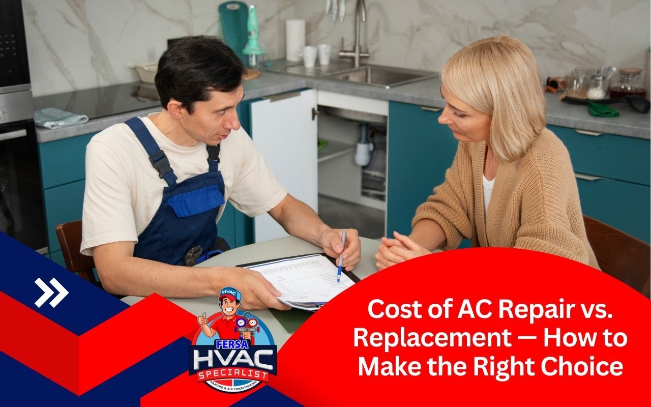 HVAC technician explaining repair vs. replacement cost options to a homeowner