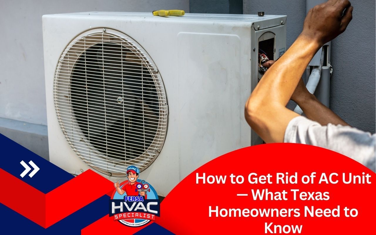 Technician removing old outdoor AC unit from backyard