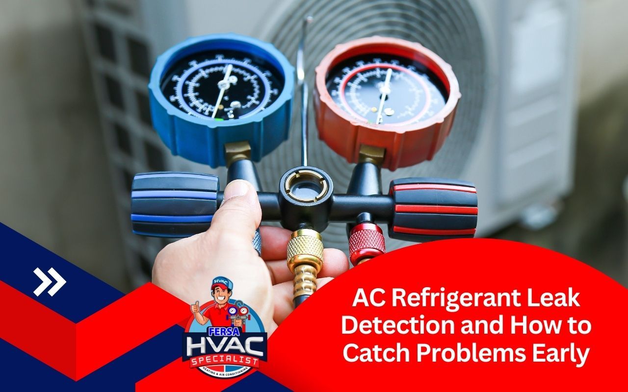 Technician using tool for AC refrigerant leak detection