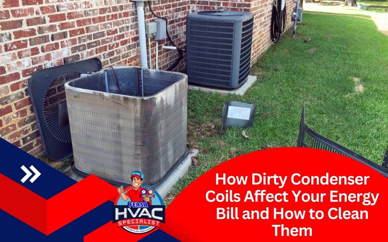 Close-up of dirty condenser coils covered in dust and debris