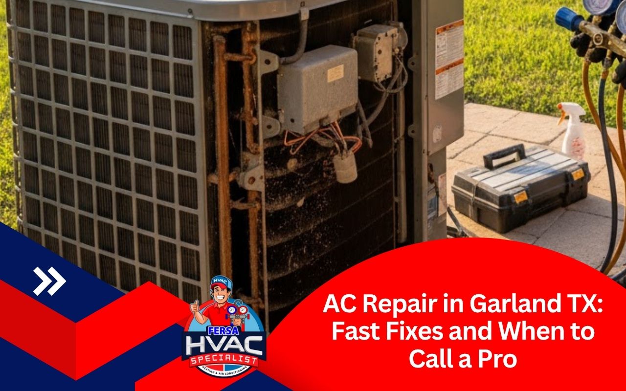 Technician checking condenser during AC repair Garland in TX