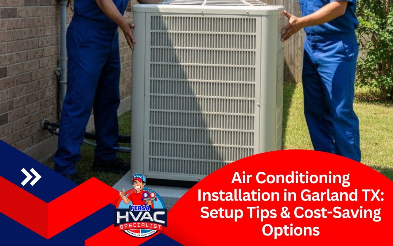 Air conditioning installation in Garland TX outdoor unit setup near shade