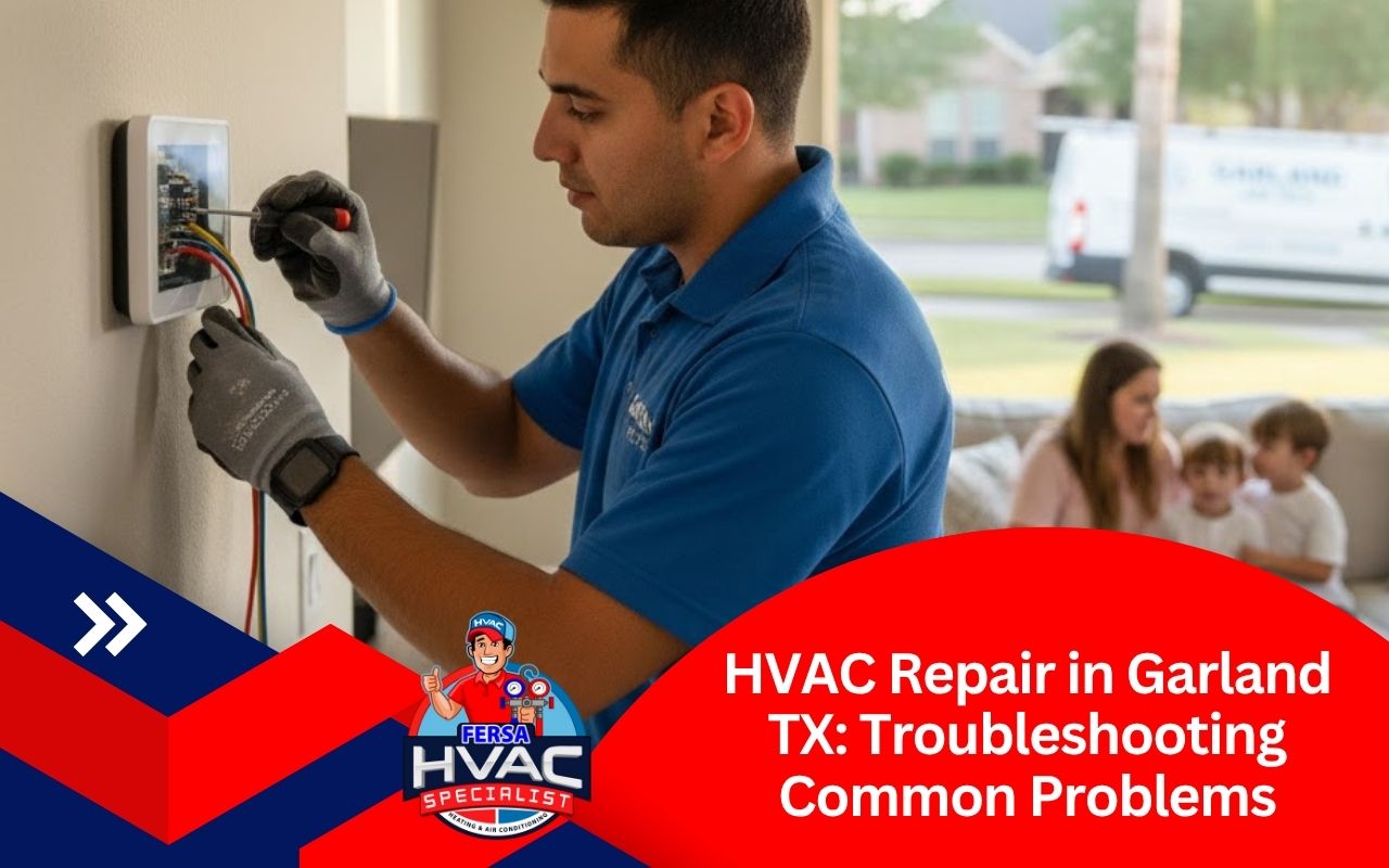 Homeowner checking thermostat for HVAC repair in Garland TX