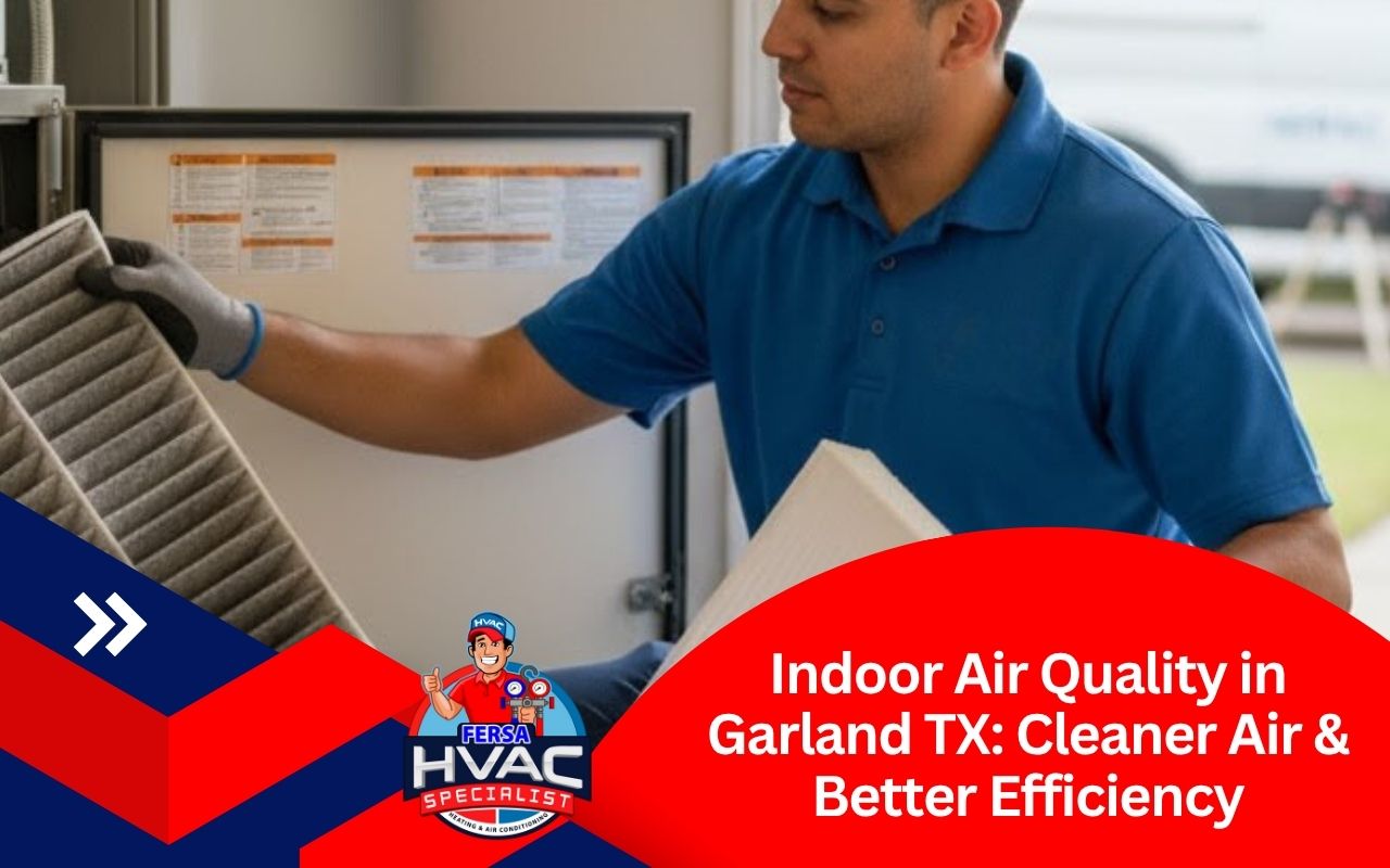 Technician checking filter to improve indoor air quality in Garland TX