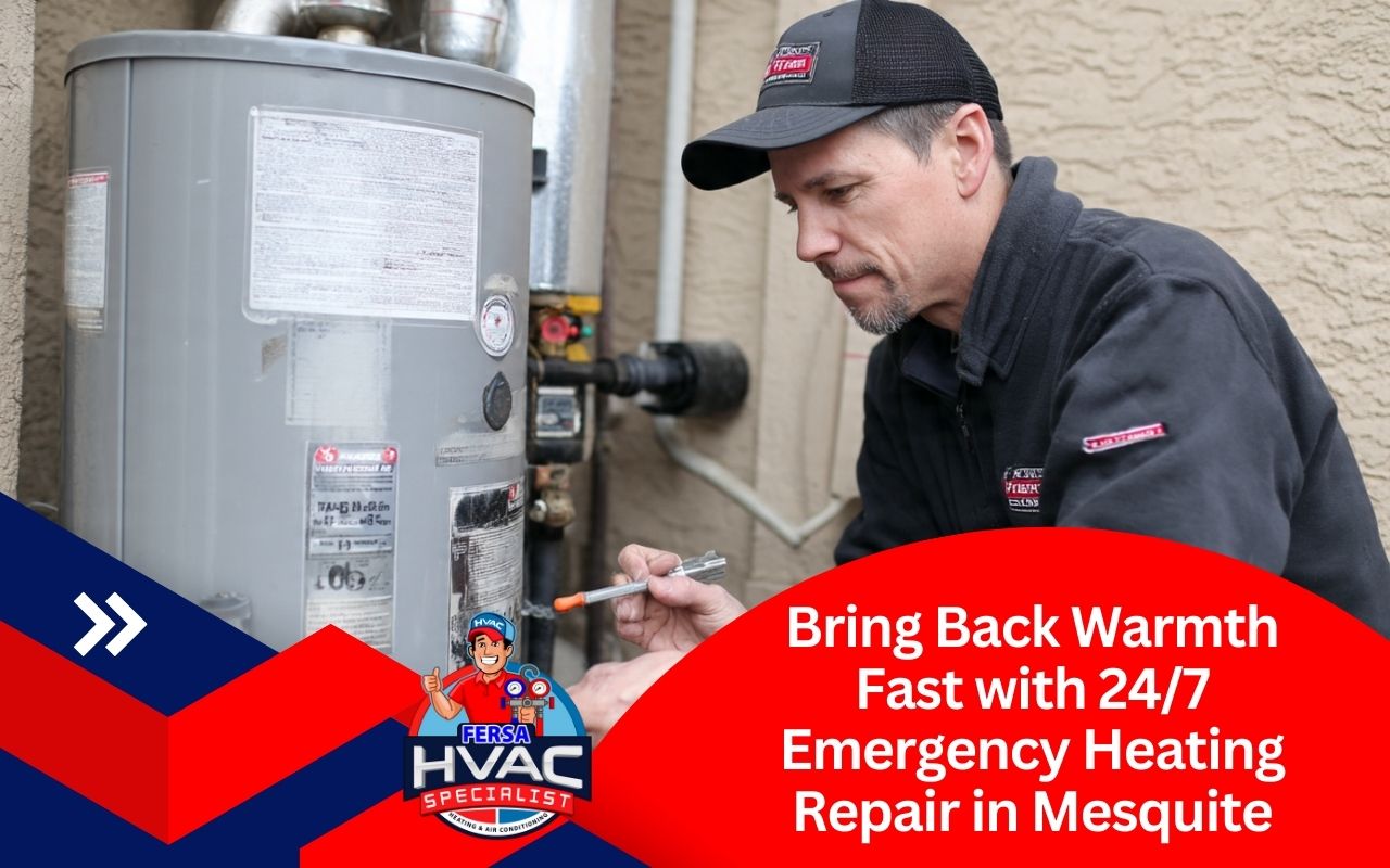 Technician providing 24/7 Emergency Heating Repair in Mesquite during a cold winter night