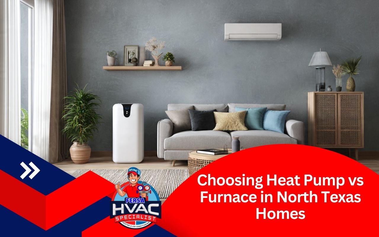 Cozy living room showing Heat Pump vs Furnace in North Texas for family comfort