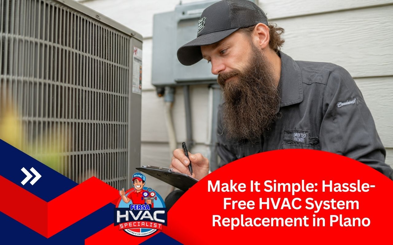 Technician performing HVAC System Replacement in Plano and checking the outdoor unit for efficiency.