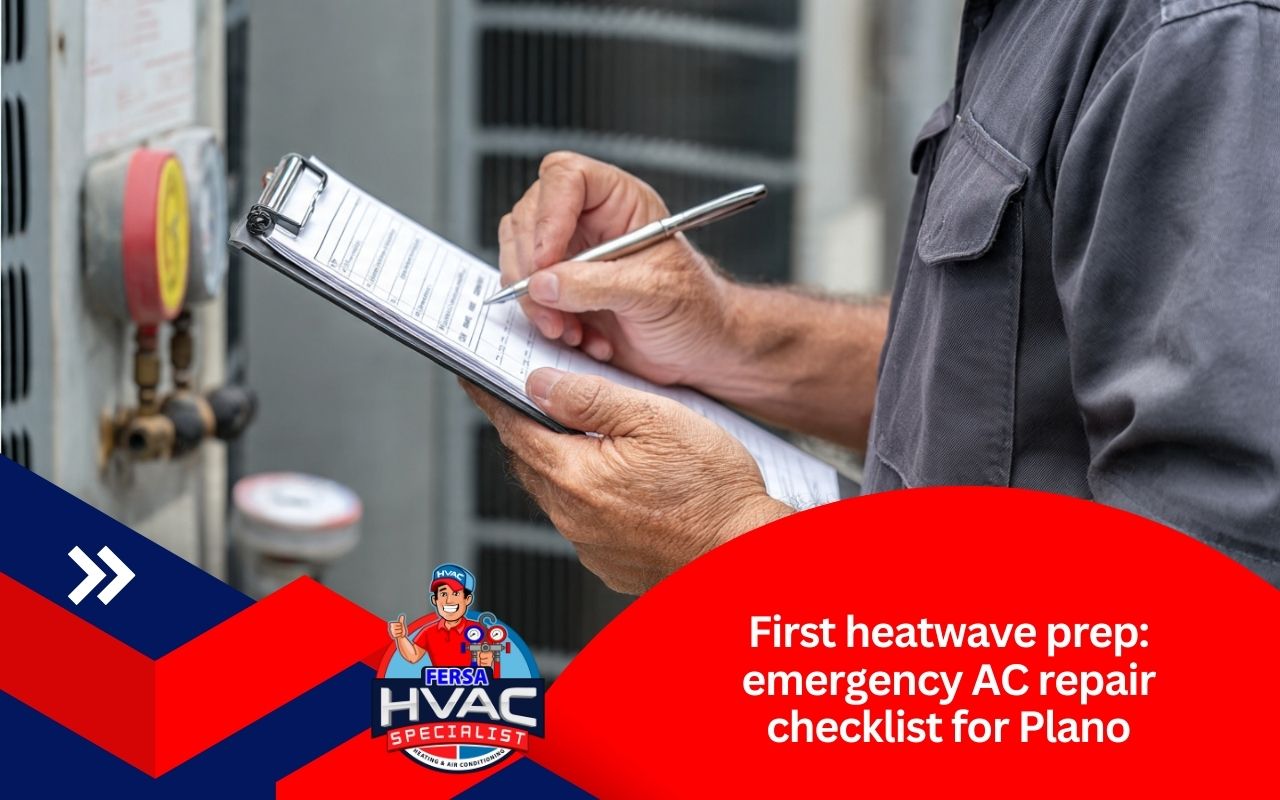 Technician inspecting a condenser during first heatwave prep: emergency AC repair checklist for Plano