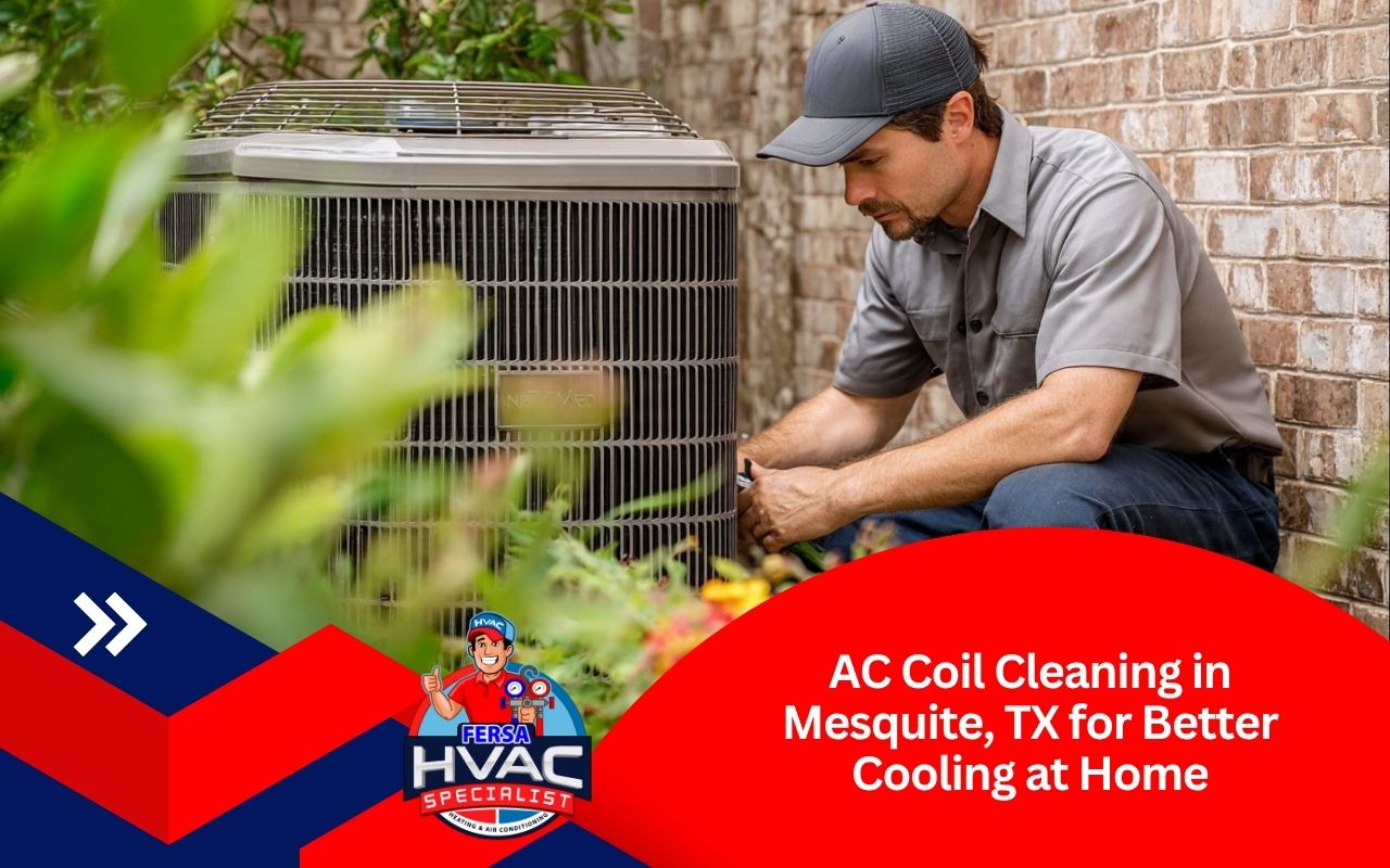 Technician performing AC coil cleaning in Mesquite, TX on an outdoor condenser unit