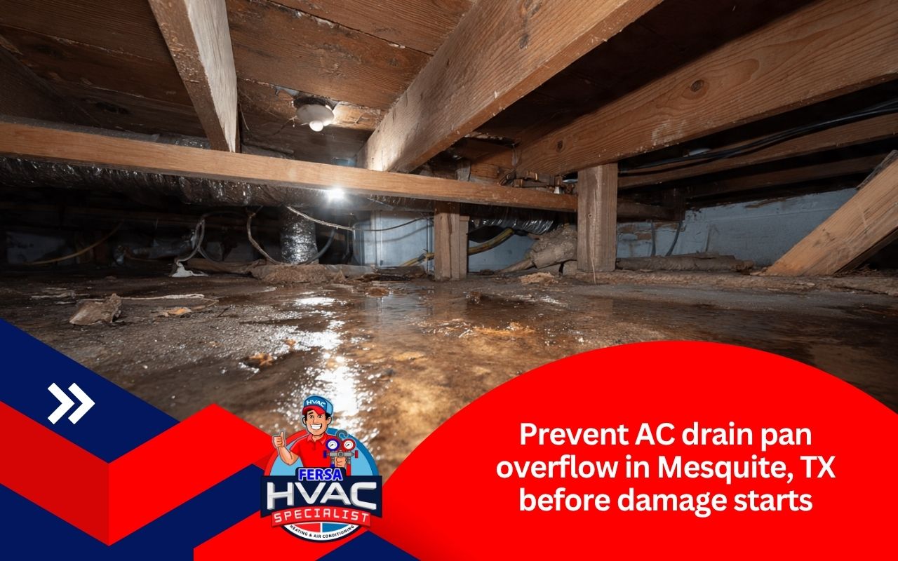 AC drain pan overflow in Mesquite, TX causing water leaking from attic