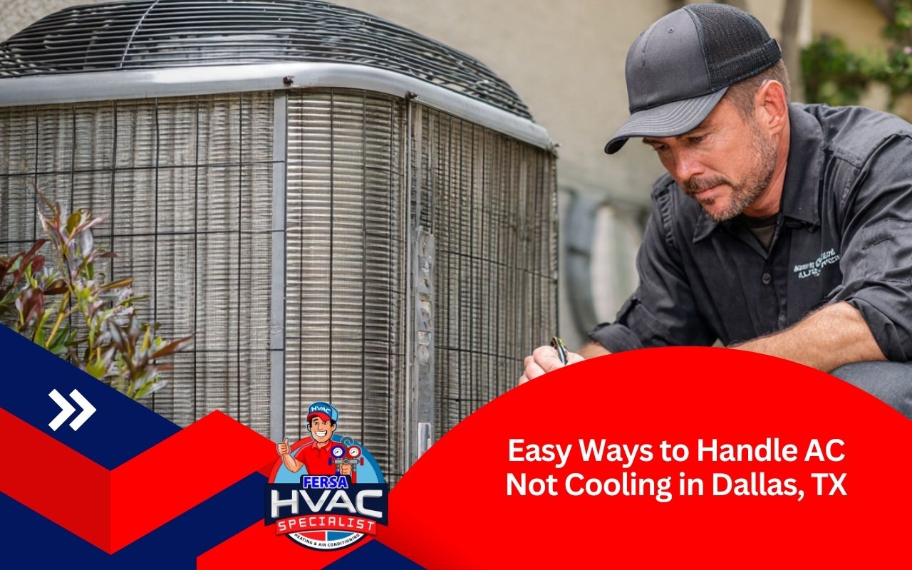 Technician checking an outdoor condenser for AC not cooling in Dallas, TX