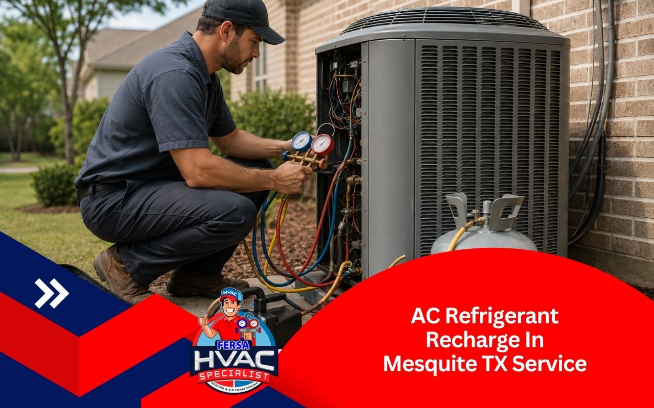 Technician checking ac refrigerant recharge in Mesquite TX
